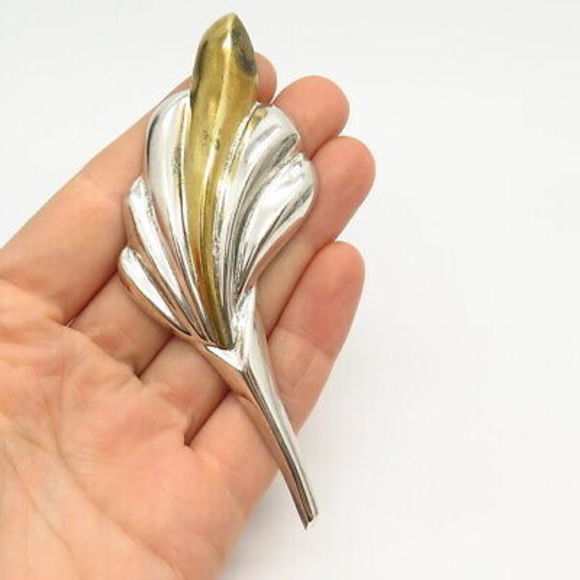 925 Sterling Silver 2-Tone Vintage Mexico Leaf / Feather Design Large Pin Brooch